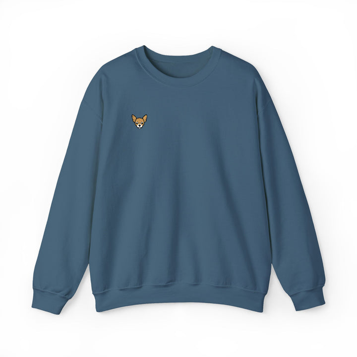 Chihuahua Patch Crewneck Sweatshirt — Minimal Embroidered Chihuahua Chest Design Indigo Blue