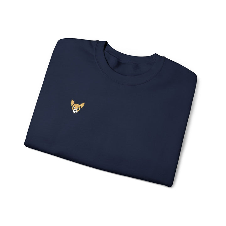 Chihuahua Patch Crewneck Sweatshirt — Minimal Embroidered Chihuahua Chest Design Navy