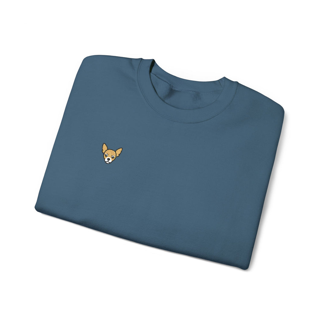 Chihuahua Patch Crewneck Sweatshirt — Minimal Embroidered Chihuahua Chest Design Navy
