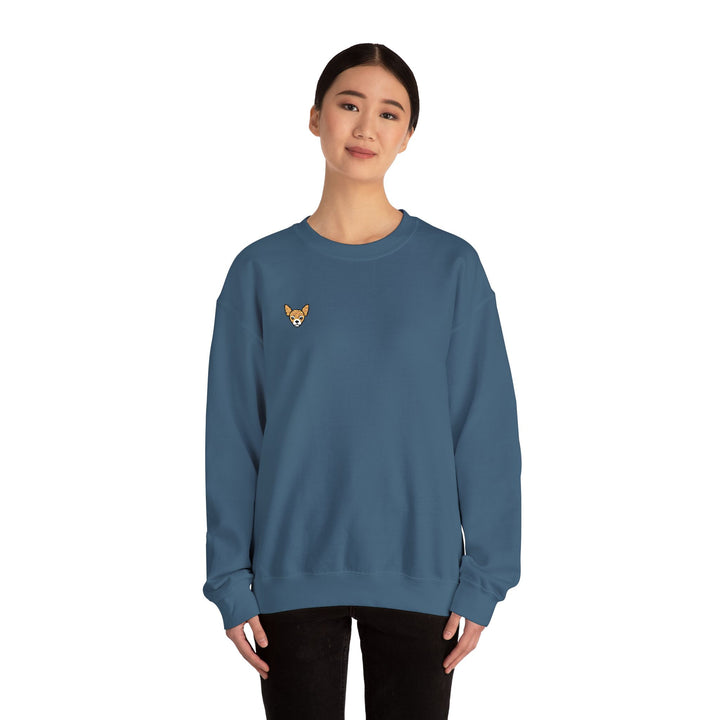 Chihuahua Patch Crewneck Sweatshirt — Minimal Embroidered Chihuahua Chest Design Navy
