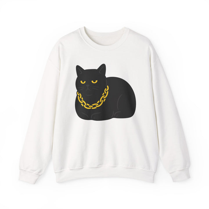 Crewneck Sweatshirt - Black Cat with Gold Chain Graphic White
