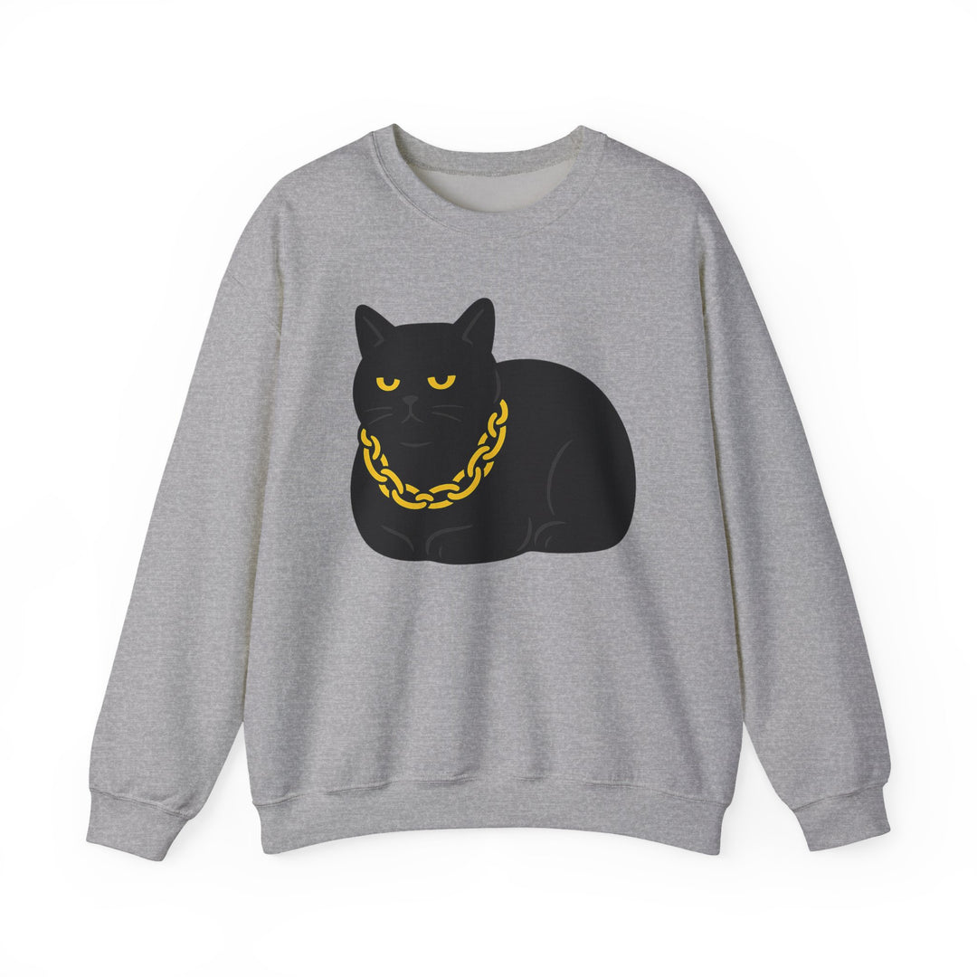 Crewneck Sweatshirt - Black Cat with Gold Chain Graphic Sport Grey