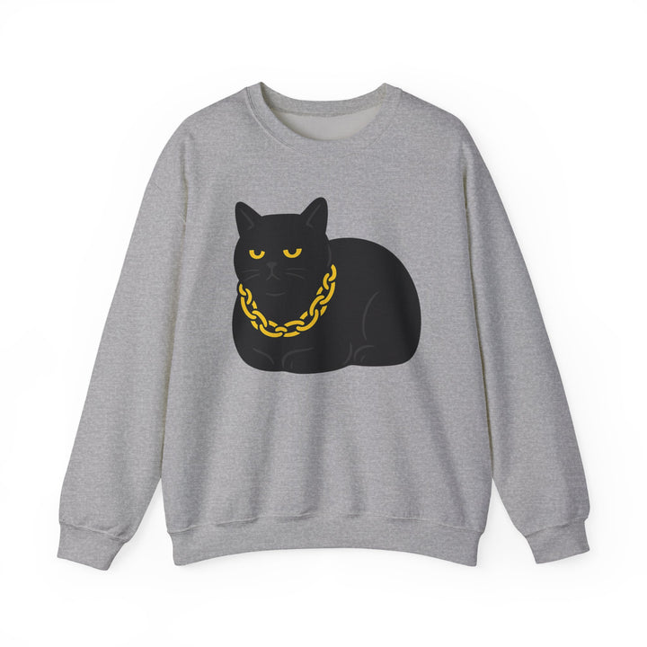 Crewneck Sweatshirt - Black Cat with Gold Chain Graphic Sport Grey