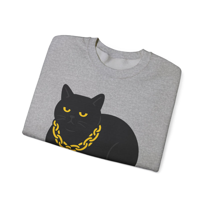 Crewneck Sweatshirt - Black Cat with Gold Chain Graphic Sand