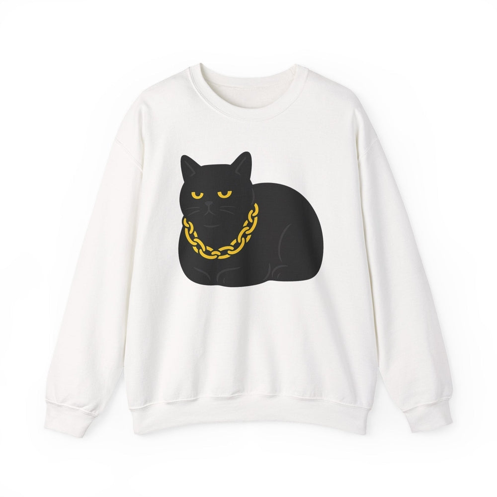 Crewneck Sweatshirt - Black Cat with Gold Chain Graphic White