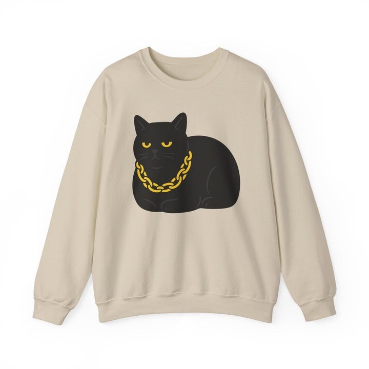 Crewneck Sweatshirt - Black Cat with Gold Chain Graphic Sand