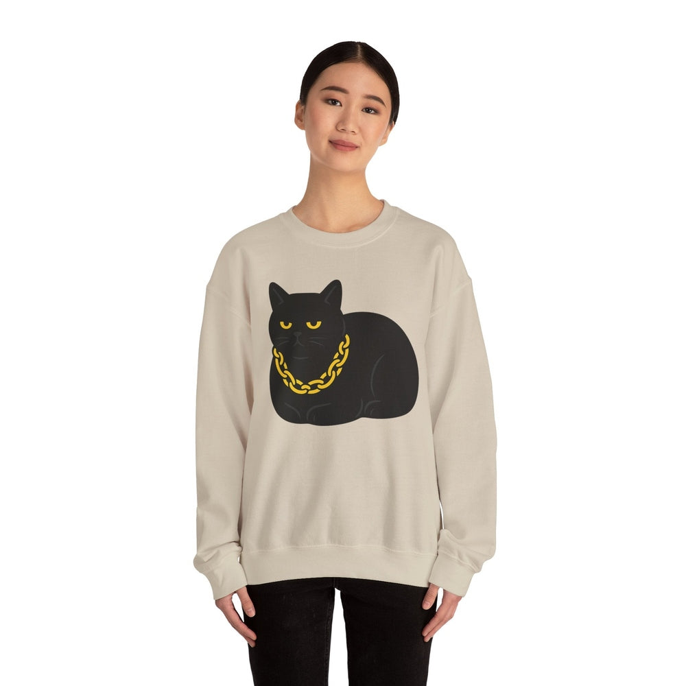 Crewneck Sweatshirt - Black Cat with Gold Chain Graphic