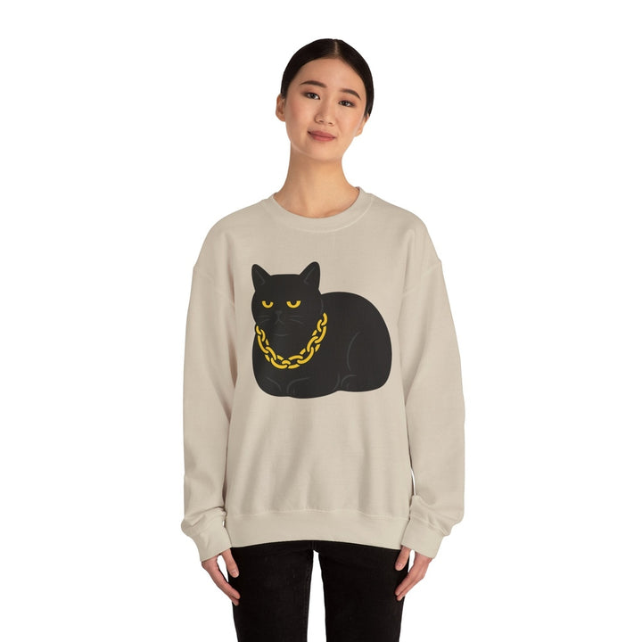 Crewneck Sweatshirt - Black Cat with Gold Chain Graphic