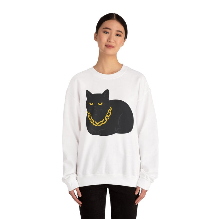 Crewneck Sweatshirt - Black Cat with Gold Chain Graphic