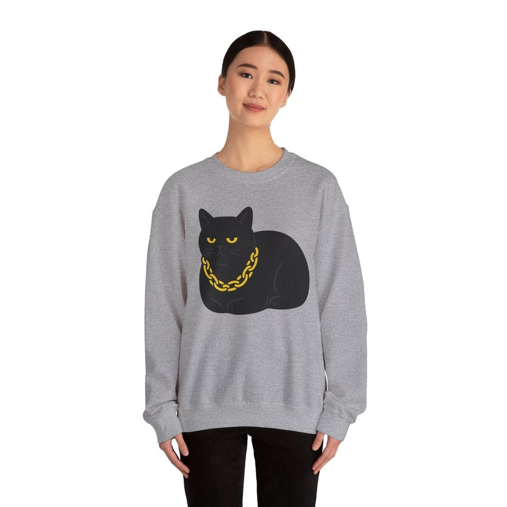 Crewneck Sweatshirt - Black Cat with Gold Chain Graphic