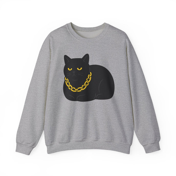 Crewneck Sweatshirt - Black Cat with Gold Chain Graphic Sport Grey