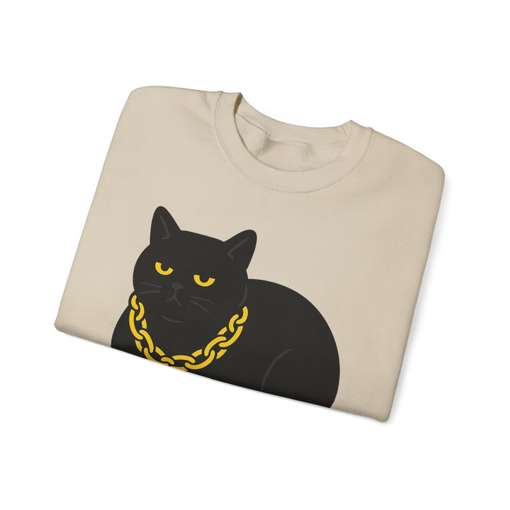 Crewneck Sweatshirt - Black Cat with Gold Chain Graphic Sand