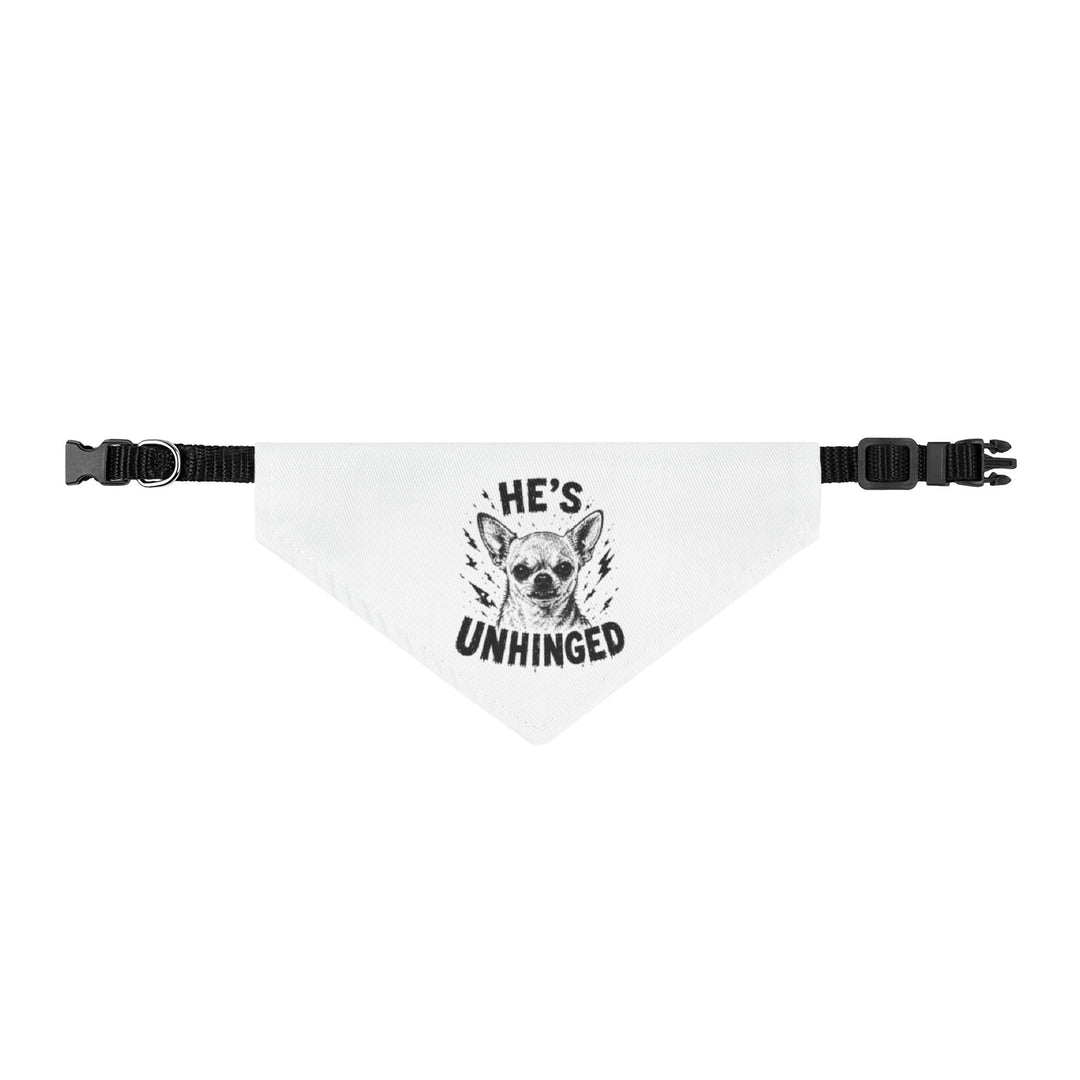 White dog bandana with black text and a dog illustration on a white background