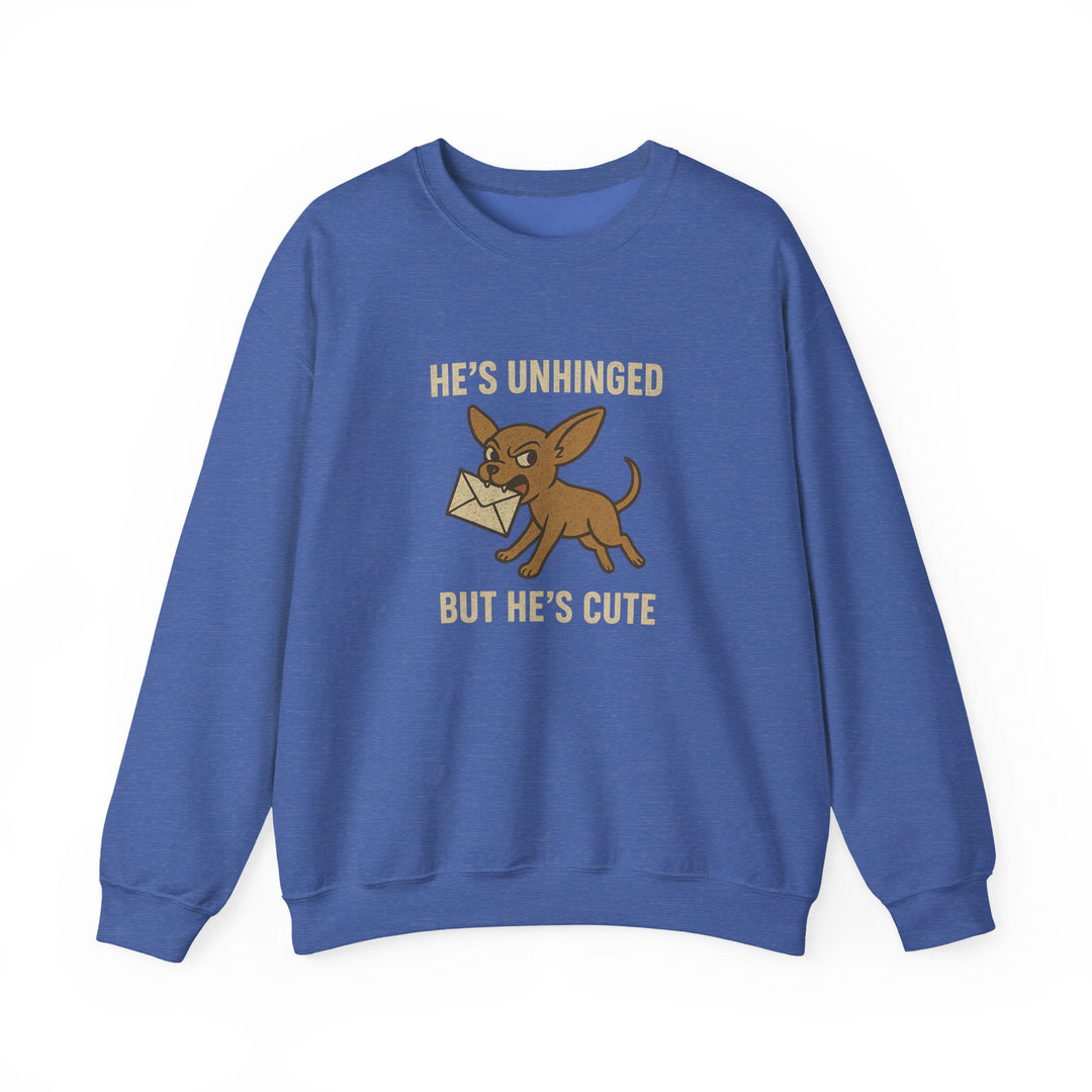 Blue sweatshirt with a dog graphic and text on a white background