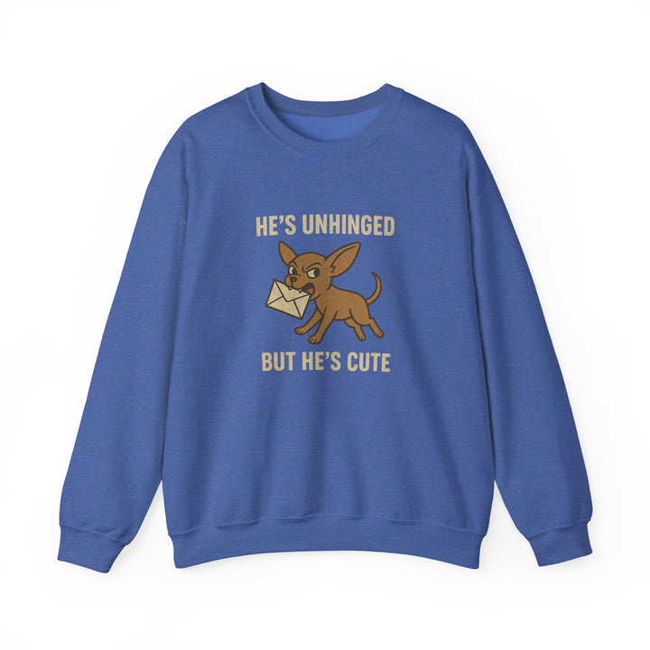 Blue sweatshirt with a dog graphic and text on a white background