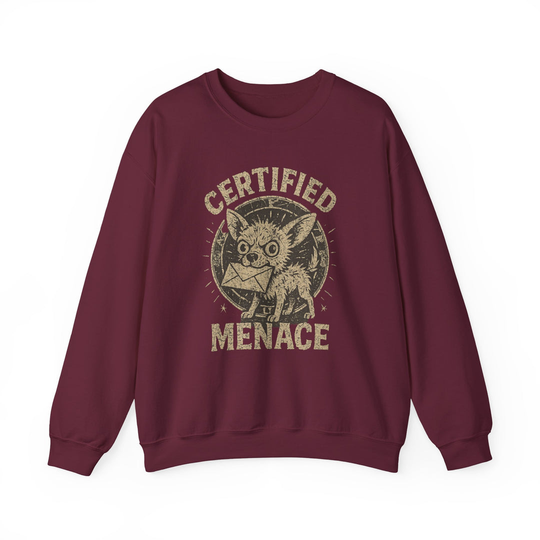 Certified Menace Sweatshirt – Cute Mischief Chihuahua Crewneck Maroon