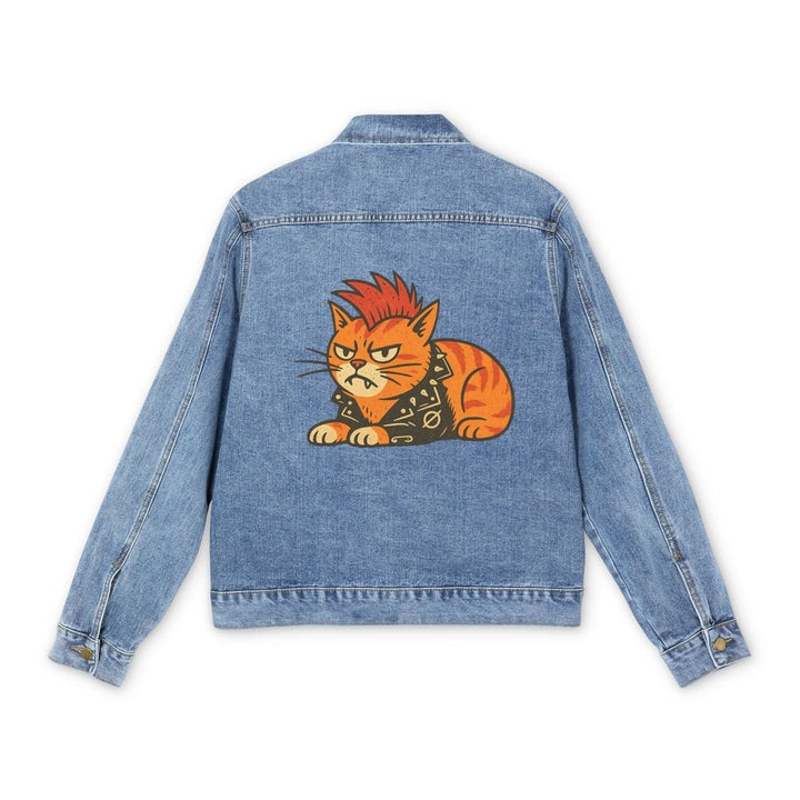 Men's Denim Jacket with Punk Cat Back Graphic - Retro Rocker Jean Jacket Medium Denim Wash