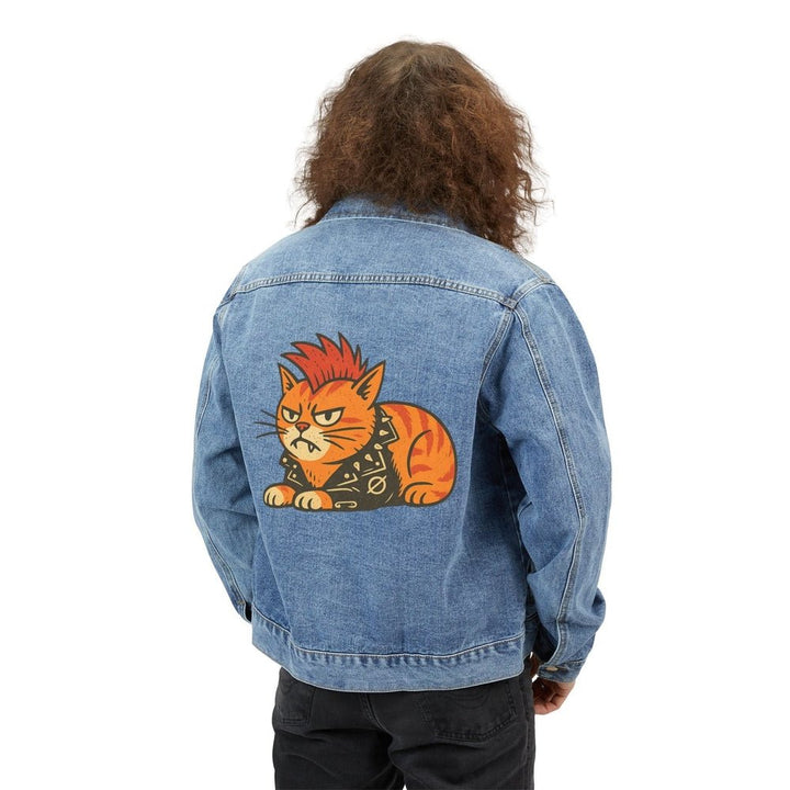 Men's Denim Jacket with Punk Cat Back Graphic - Retro Rocker Jean Jacket