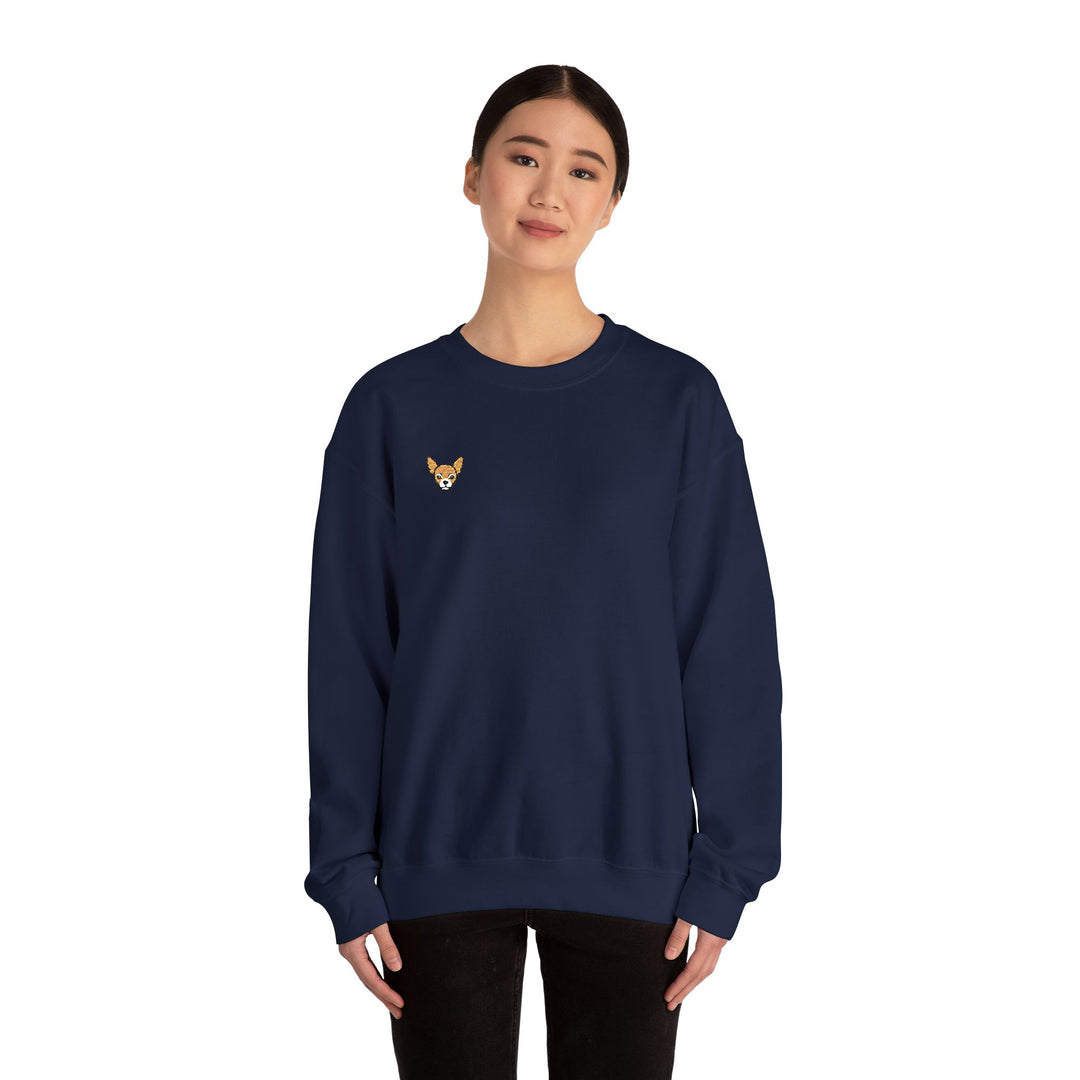Chihuahua Patch Crewneck Sweatshirt — Minimal Embroidered Chihuahua Chest Design Navy