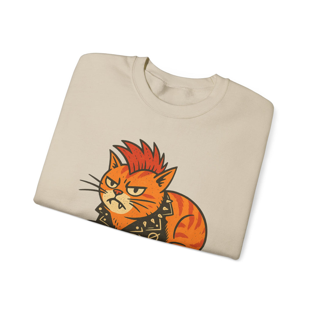 Punk Cat Crewneck Sweatshirt - Grumpy Orange Cat Graphic Dark Heather
