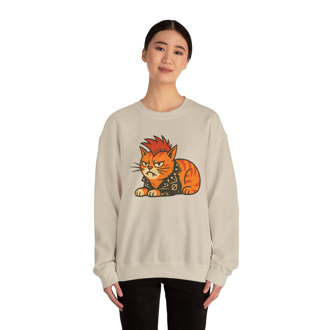 Punk Cat Crewneck Sweatshirt - Grumpy Orange Cat Graphic Dark Heather