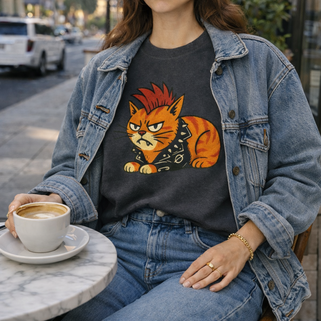 Grumpy orange cat in a cat loaf position wearing a punk jacket with a mohawk