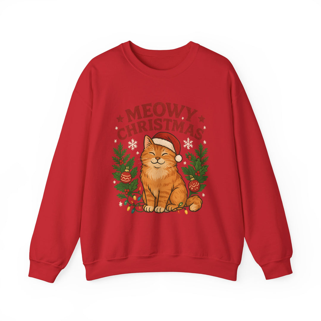 Christmas Sweatshirt — "Meowy Christmas" Cat Holiday Crewneck Red