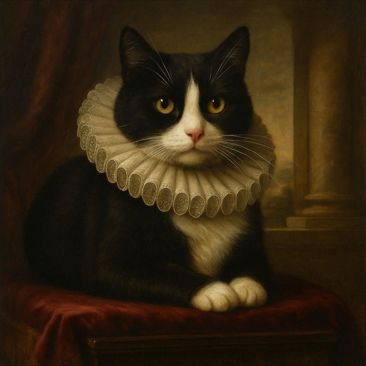 Regal Cat Portrait Poster - Vintage Tuxedo Cat in Ruffled Collar (Matte Vertical)