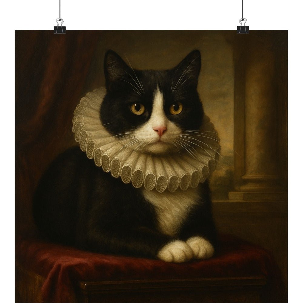 Regal Cat Portrait Poster - Vintage Tuxedo Cat in Ruffled Collar (Matte Vertical) 16″ x 16″ Matte