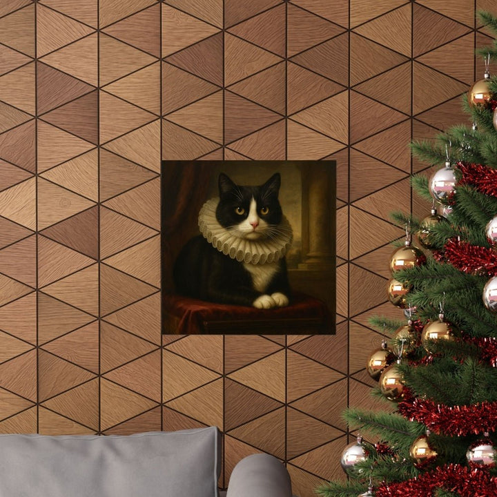 Regal Cat Portrait Poster - Vintage Tuxedo Cat in Ruffled Collar (Matte Vertical)