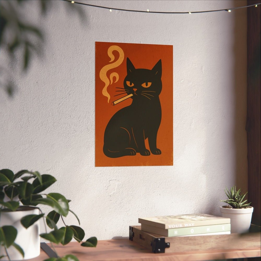 Smokin' Black Cat Poster — Retro Matte Vertical Art Print