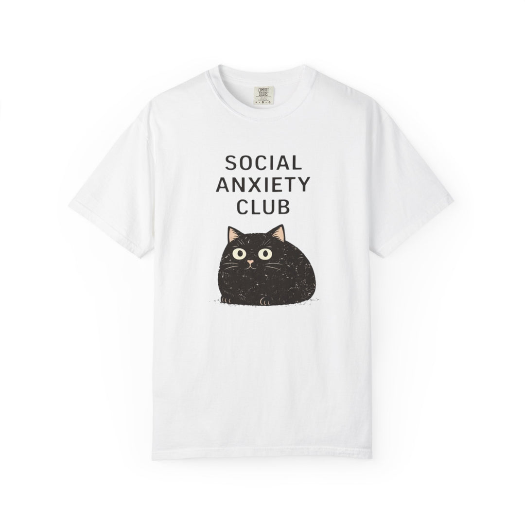 White t-shirt with a black cat graphic and 'Social Anxiety Club' text on a white background