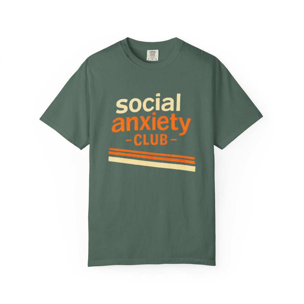 Green t-shirt with 'social anxiety CLUB' text on a white background