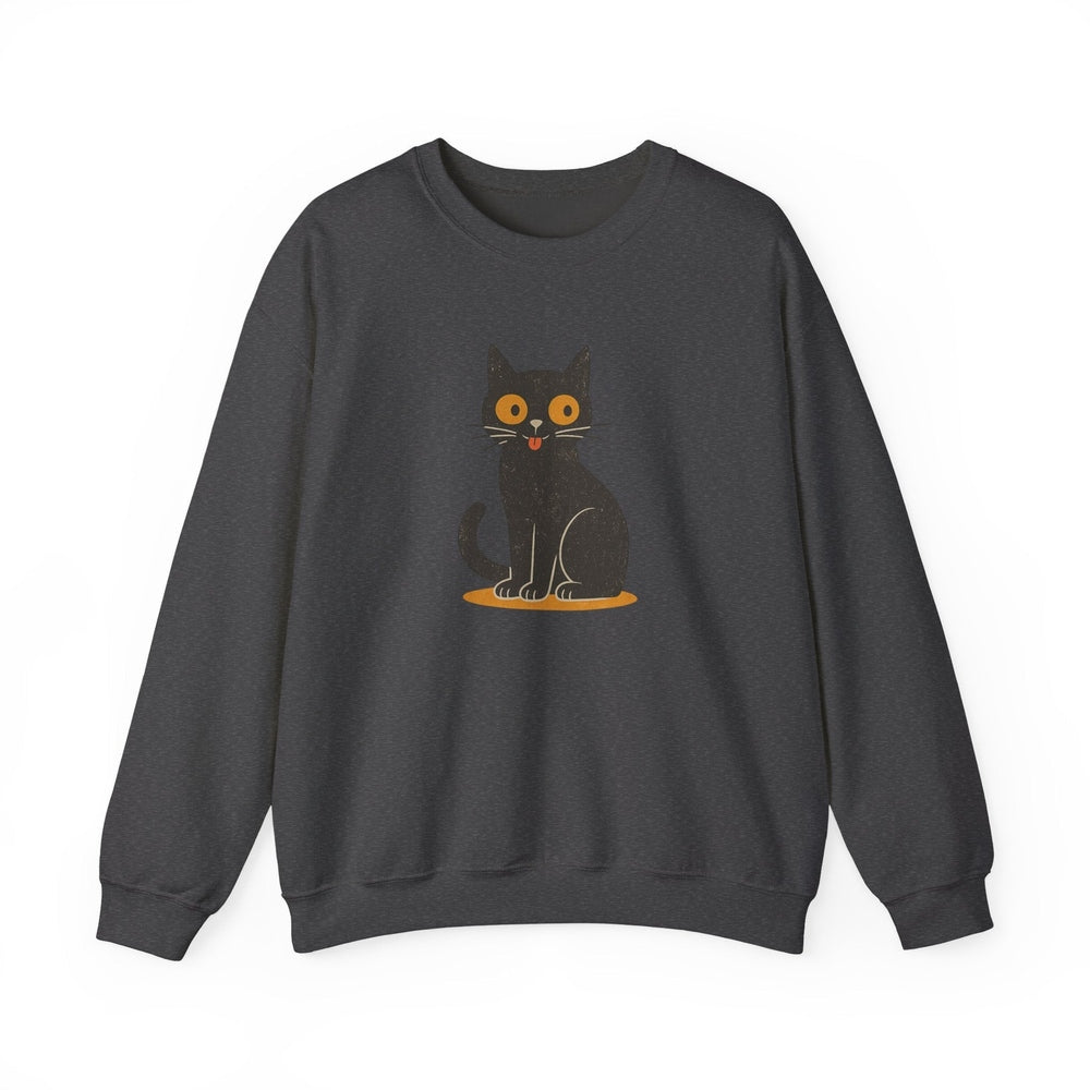 Vintage Style Black Cat Crewneck Sweatshirt - Playful Cat Graphic Dark Heather