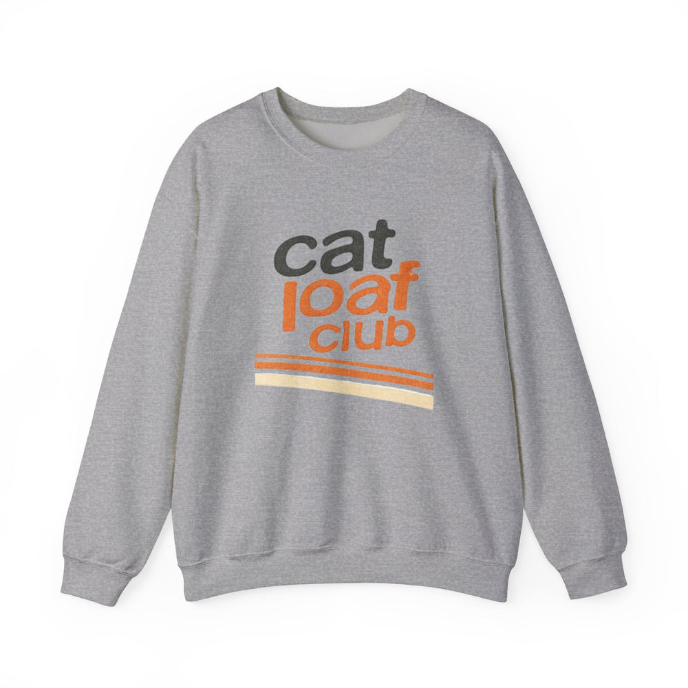 Gray sweatshirt with 'cat loaf club' text on a white background