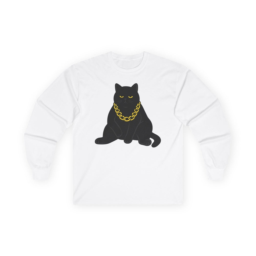Chonky Black Cat With Gold Chain Long Sleeve Tee White