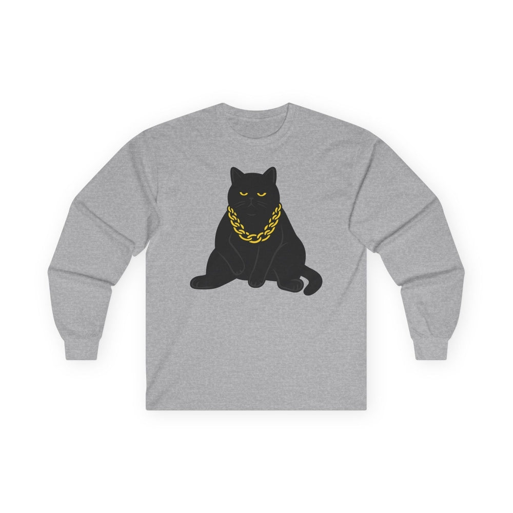 Chonky Black Cat With Gold Chain Long Sleeve Tee Sport Grey